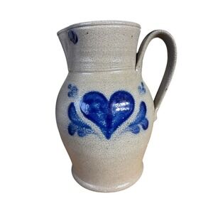Rowe Pottery Salt Glazed Pitcher Jug Vintage 1995 Stoneware Blue Heart Motif 9"